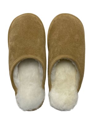 Lammfellpantoffel, Hausschuhe aus echtem Lammfell mit weicher Ledersohle, Slipper Rohn-Moden Molly  beige