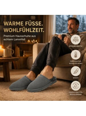 Pantoffel Loisl für Herren, Slipper Hausschuhe echt Lammfell Rohn grau