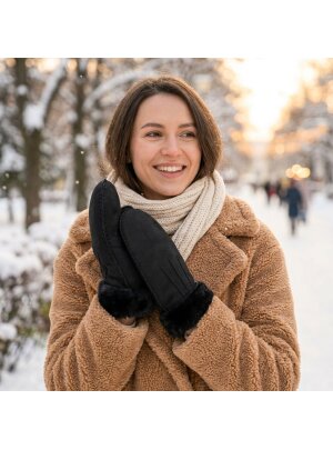 Lammfell Handschuhe Arber echtes Merinolamm für Damen und Herren Fäustlinge, Fausthandschuhe in Premiumqualität aus spanischem Merino anthrazit schwarz dunkelgrau