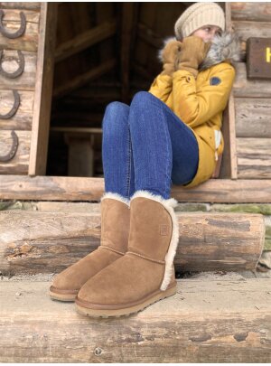 Rohn Lammfell Boots für Damen, Winterstiefel Helsinki braun 42