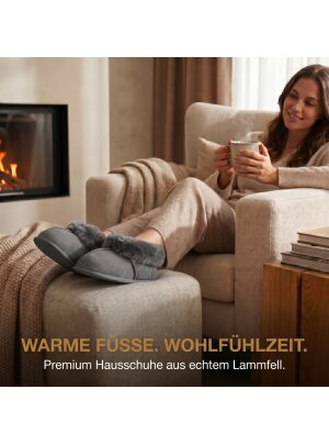 Lammfell Hausschuhe Chalet, Hüttenschuhe Rohn aus echtem Fell grau