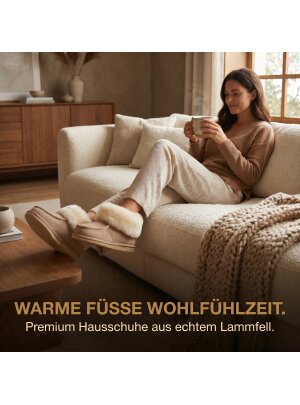 Lammfell Hausschuhe Puffin mit EVA Sohle  aus echtem Fell beige